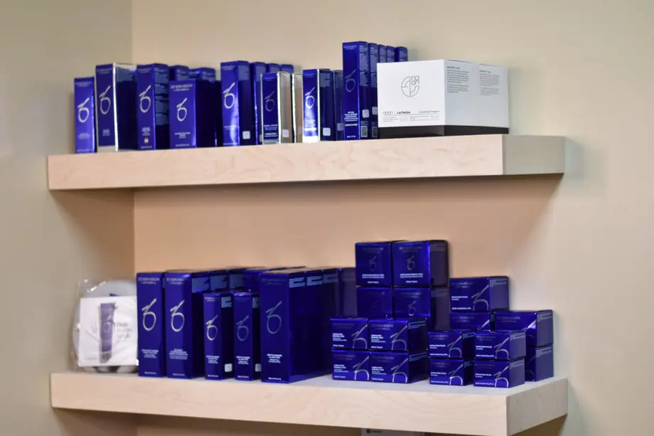 Professional ZO Skin Health products displayed on the shelves at Preferred Surgical Associates